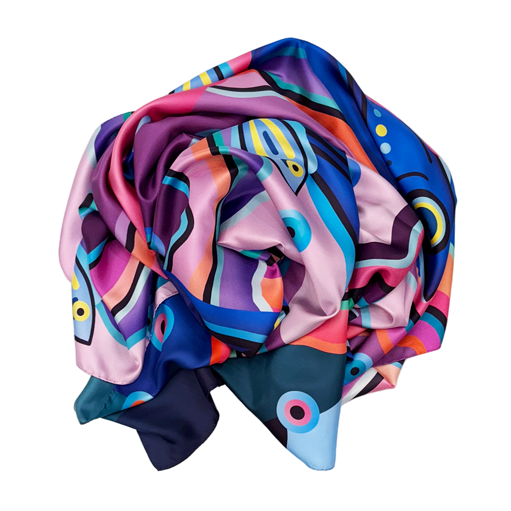 Colorful abstract patterned scarf on a white background
