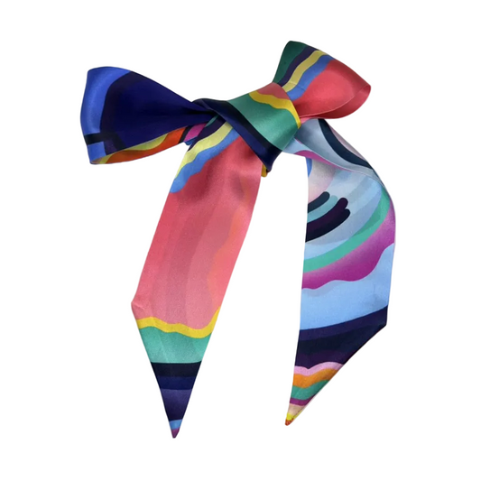 Colorful bow-shaped scarf with a white background