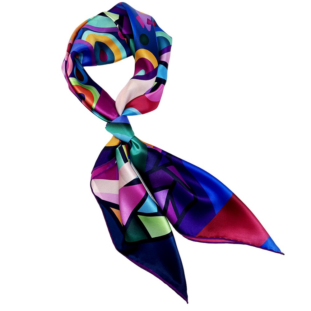 Colorful geometric patterned scarf on a white background