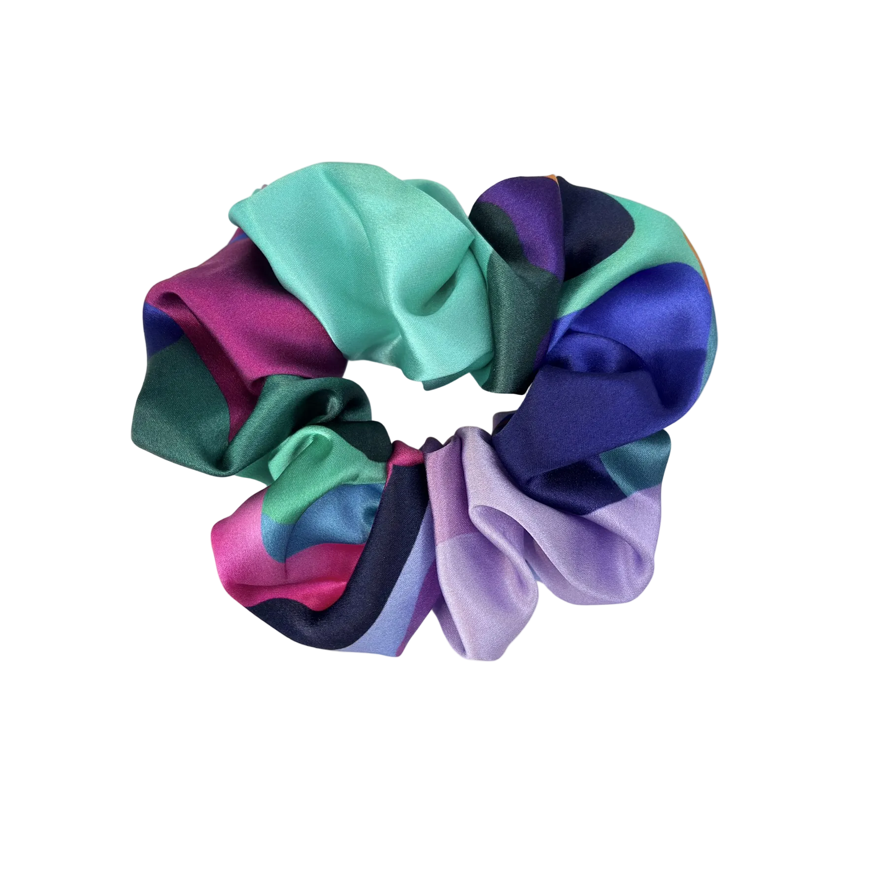 Multicolored satin scrunchie on a white background
